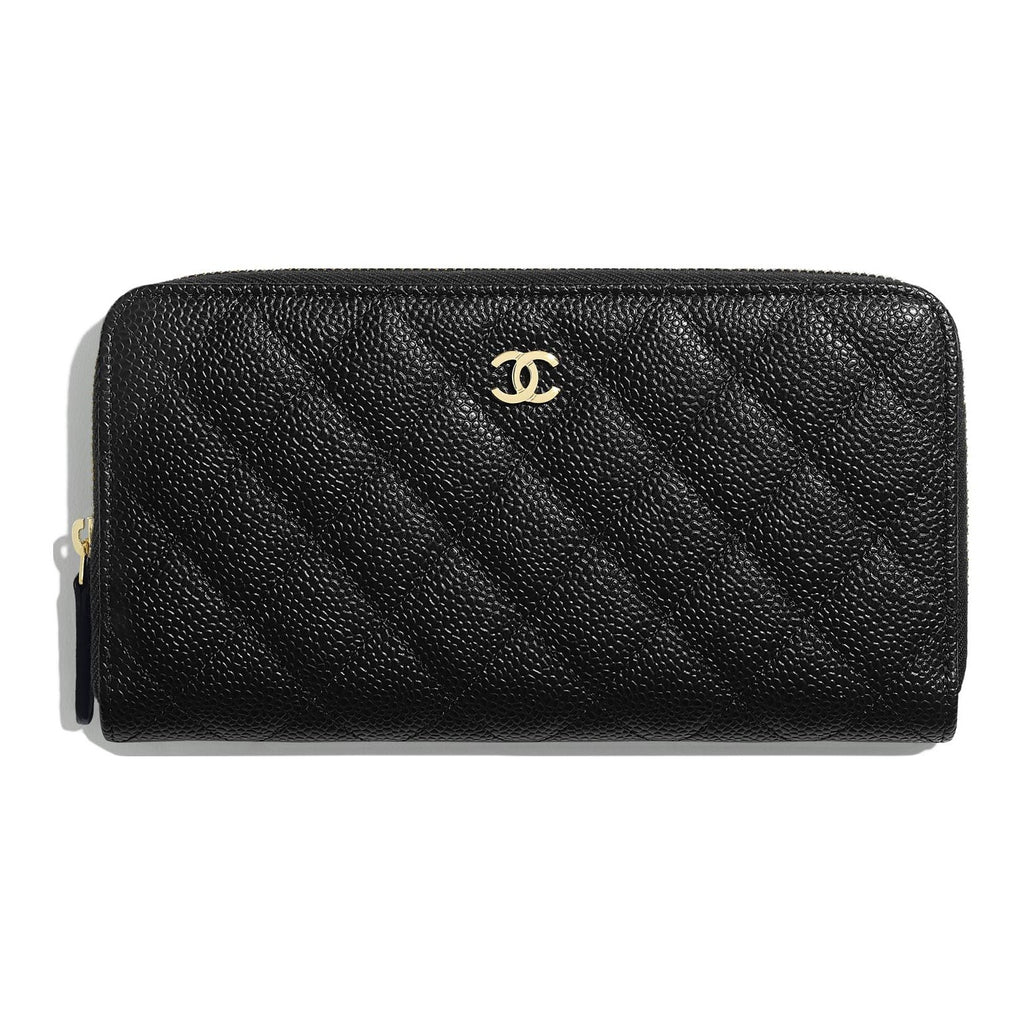 CHANEL CC Logo Quilted Grained Calfskin Long Zip Wallet in Black - AP0242