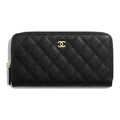 CHANEL CC Logo Quilted Grained Calfskin Long Zip Wallet in Black - AP0242