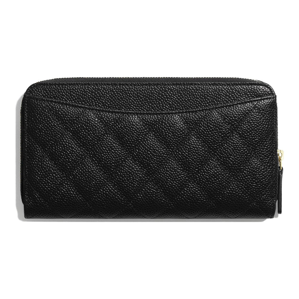 CHANEL CC Logo Quilted Grained Calfskin Long Zip Wallet in Black - AP0242