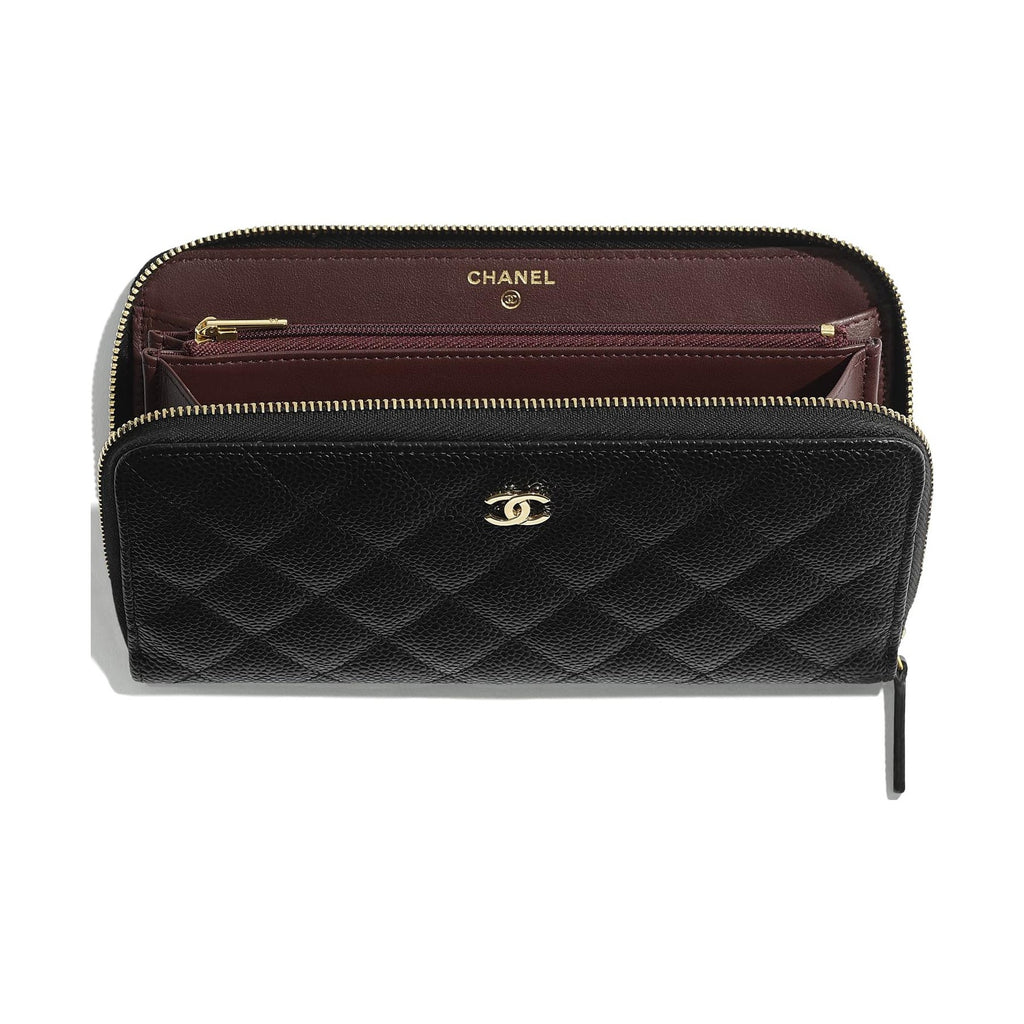 CHANEL CC Logo Quilted Grained Calfskin Long Zip Wallet in Black - AP0242