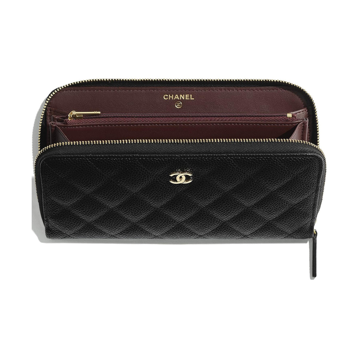 CHANEL CC Logo Quilted Grained Calfskin Long Zip Wallet in Black - AP0242