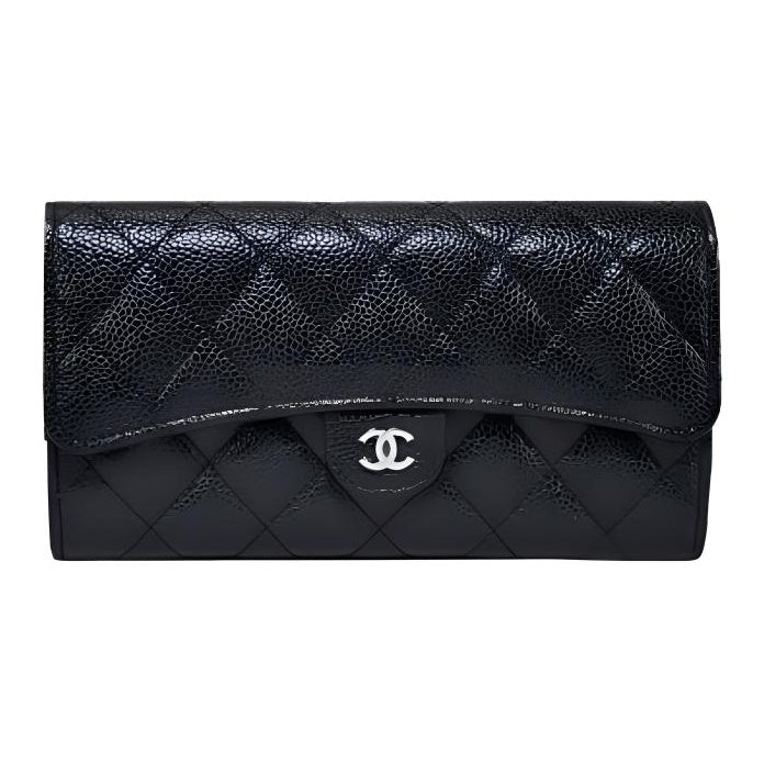 CHANEL Classic Flap Quilted Grained Calfskin Wallet in Black with Silver-Tone Hardware - AP0241