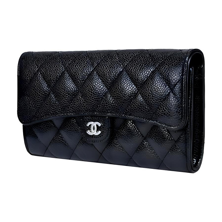 CHANEL Classic Flap Quilted Grained Calfskin Wallet in Black with Silver-Tone Hardware - AP0241