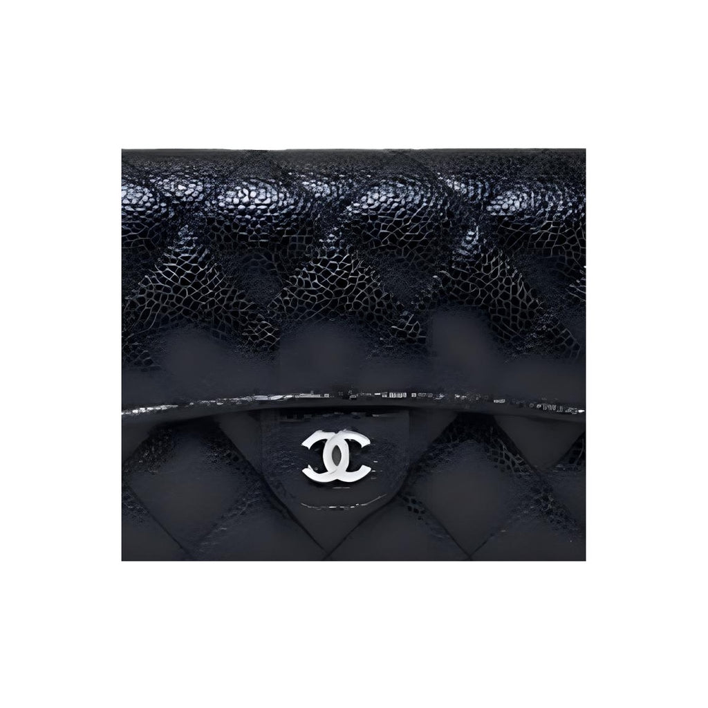 CHANEL Classic Flap Quilted Grained Calfskin Wallet in Black with Silver-Tone Hardware - AP0241