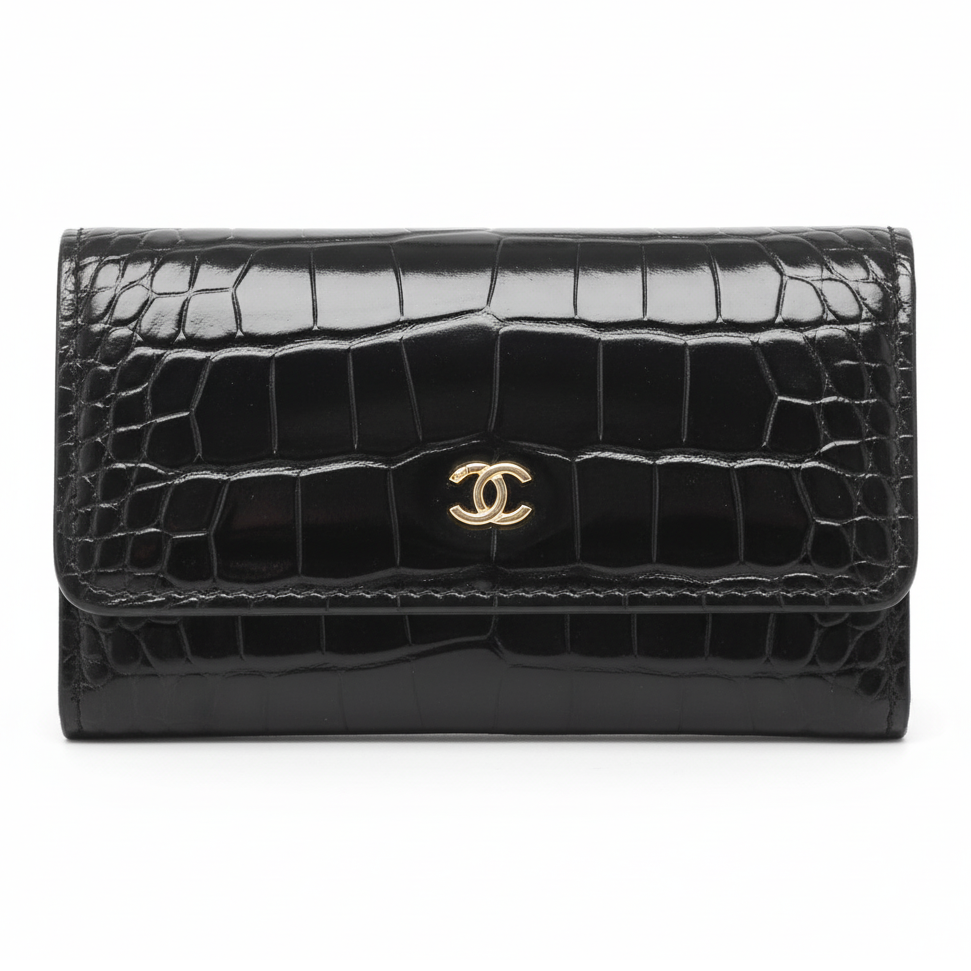 CHANEL 26S CC Logo Croc-Effect Calfskin Card Holder in Black - AP5190