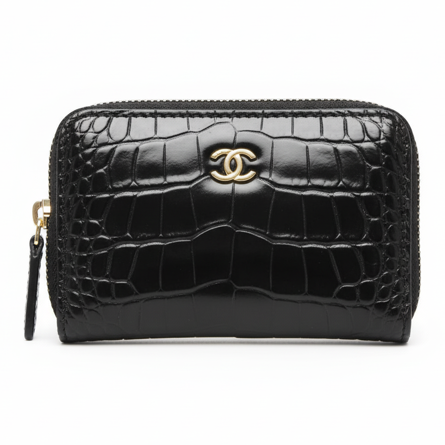 CHANEL 26S CC Logo Croc-Effect Calfskin Coin Purse in Black - AP5189