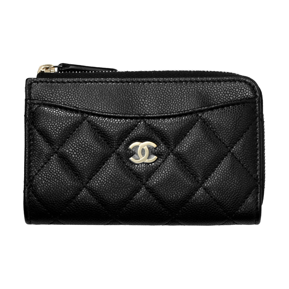 CHANEL 23C CC Logo Quilted Shiny Grained Calfskin Card Holder in Black