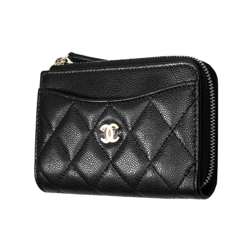 CHANEL 23C CC Logo Quilted Shiny Grained Calfskin Card Holder in Black