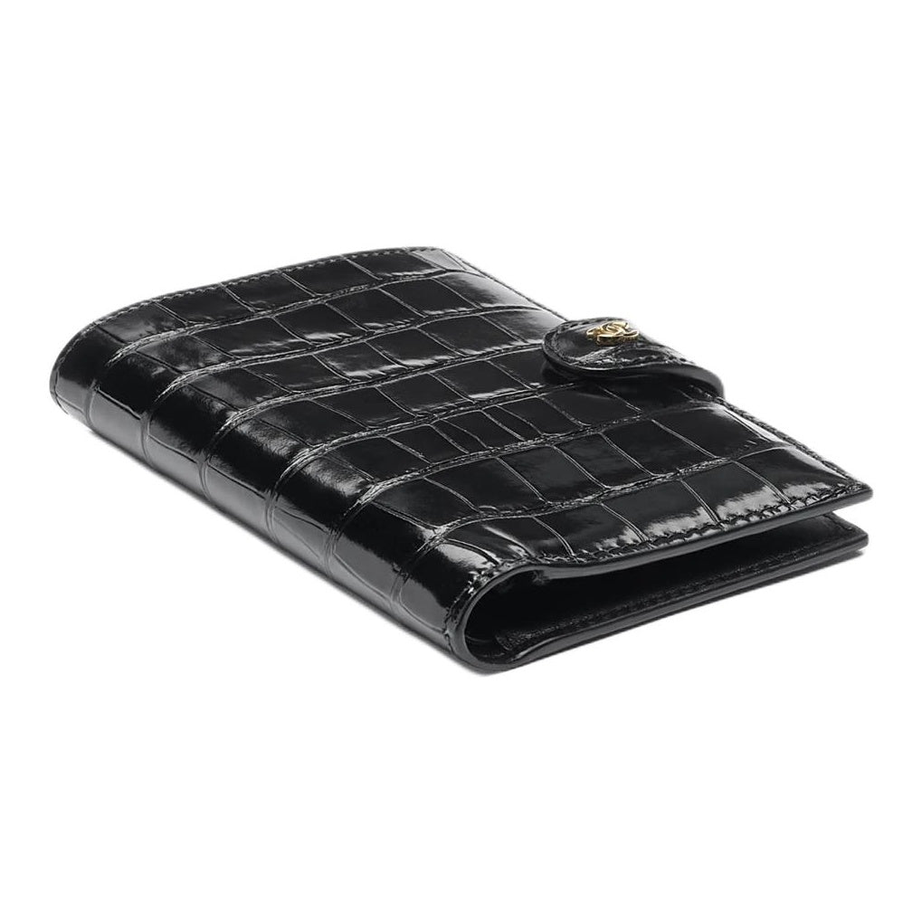 CHANEL 26S CC Logo Croc-Embossed Calfskin Passport Wallet in Black - AP5193