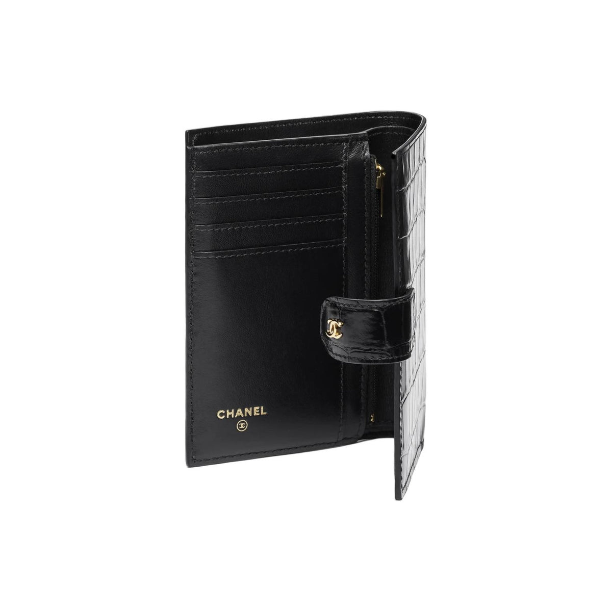 CHANEL 26S CC Logo Croc-Embossed Calfskin Passport Wallet in Black - AP5193