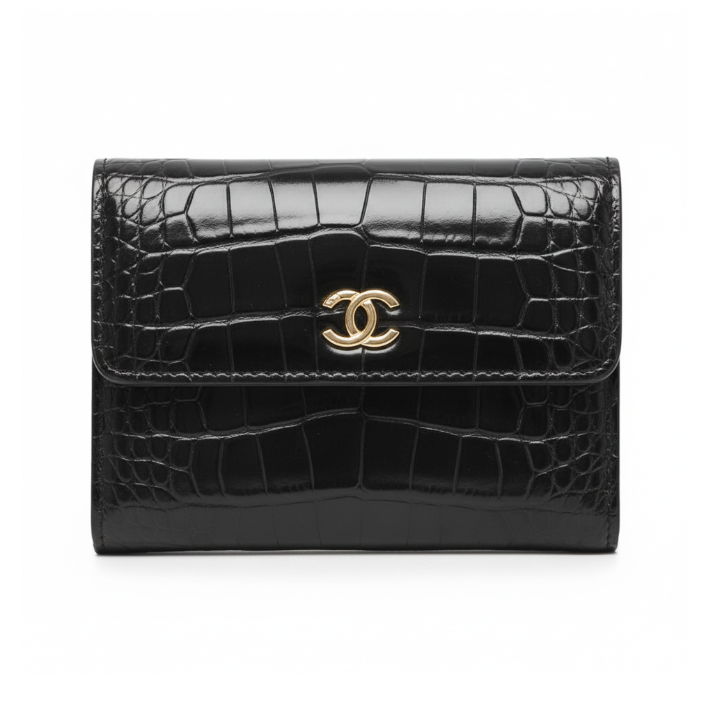CHANEL 26S AP5188 Crocodile-Effect Calfskin Wallet, Black, Gold-Tone Hardware