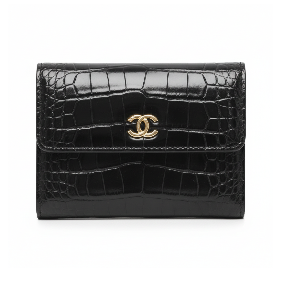 CHANEL 26S AP5188 Crocodile-Effect Calfskin Wallet, Black, Gold-Tone Hardware