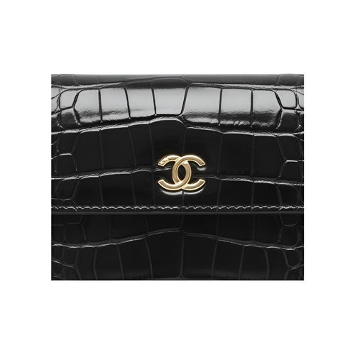 CHANEL 26S AP5188 Crocodile-Effect Calfskin Wallet, Black, Gold-Tone Hardware