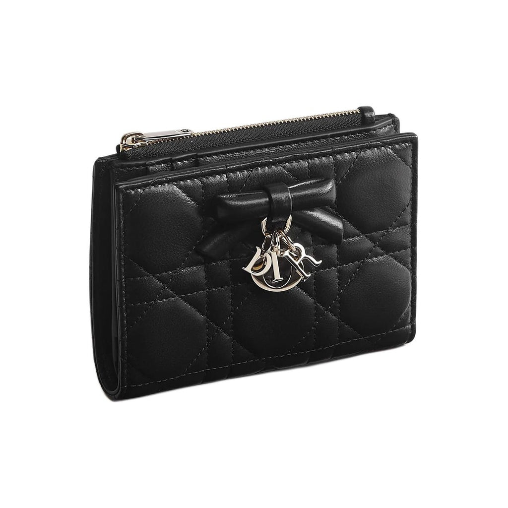 DIOR Lady Dior Dahlia Cannage Sheepskin Wallet, Black, Bow and D.I.O.R. Charms