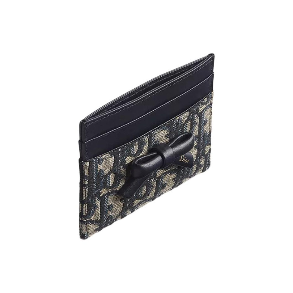 DIOR S2500 Oblique Bow Freesia Cotton and Cowhide Card Holder, Blue