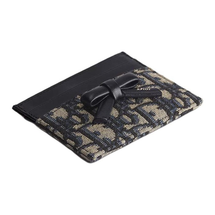 DIOR S2500 Oblique Bow Freesia Cotton and Cowhide Card Holder, Blue