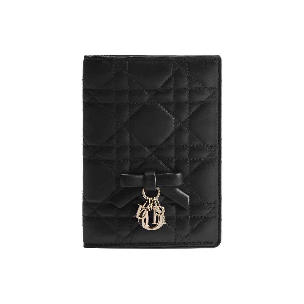 DIOR S2626 Lady Dior Lambskin Passport Holder, Black, Leather Bow