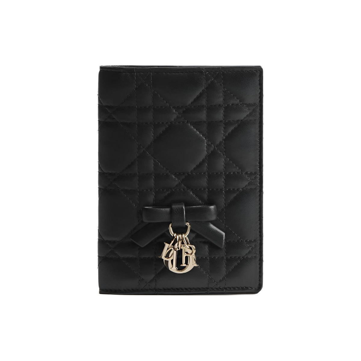 DIOR S2626 Lady Dior Lambskin Passport Holder, Black, Leather Bow
