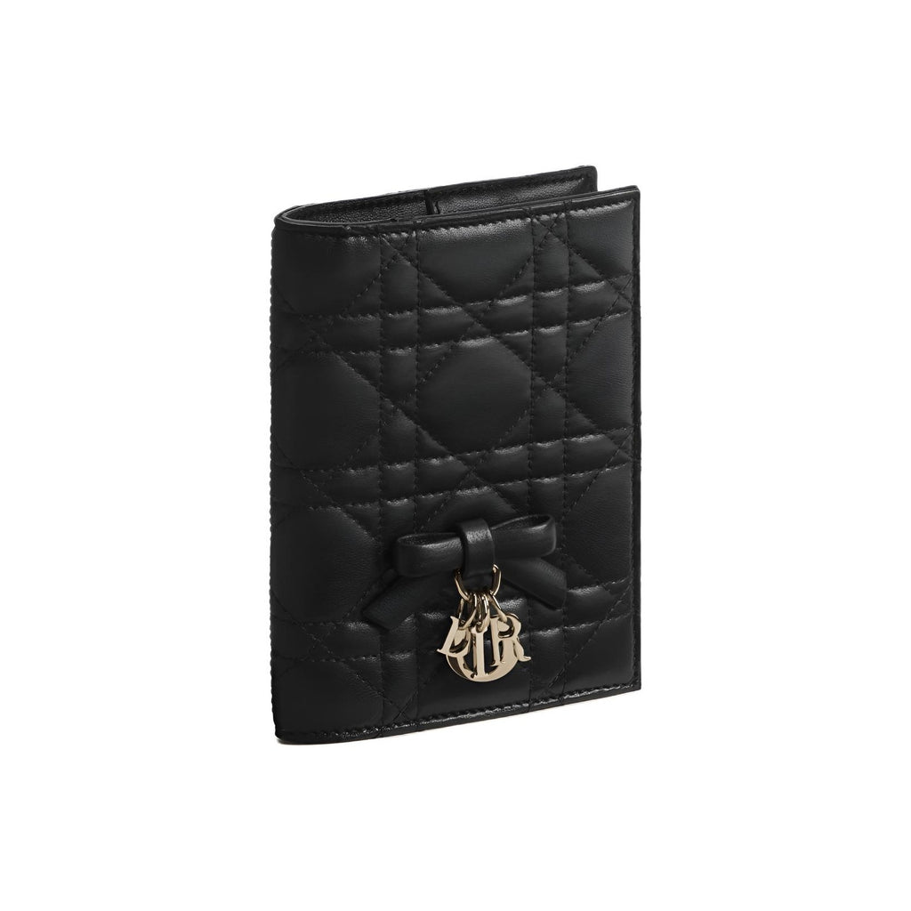 DIOR S2626 Lady Dior Lambskin Passport Holder, Black, Leather Bow