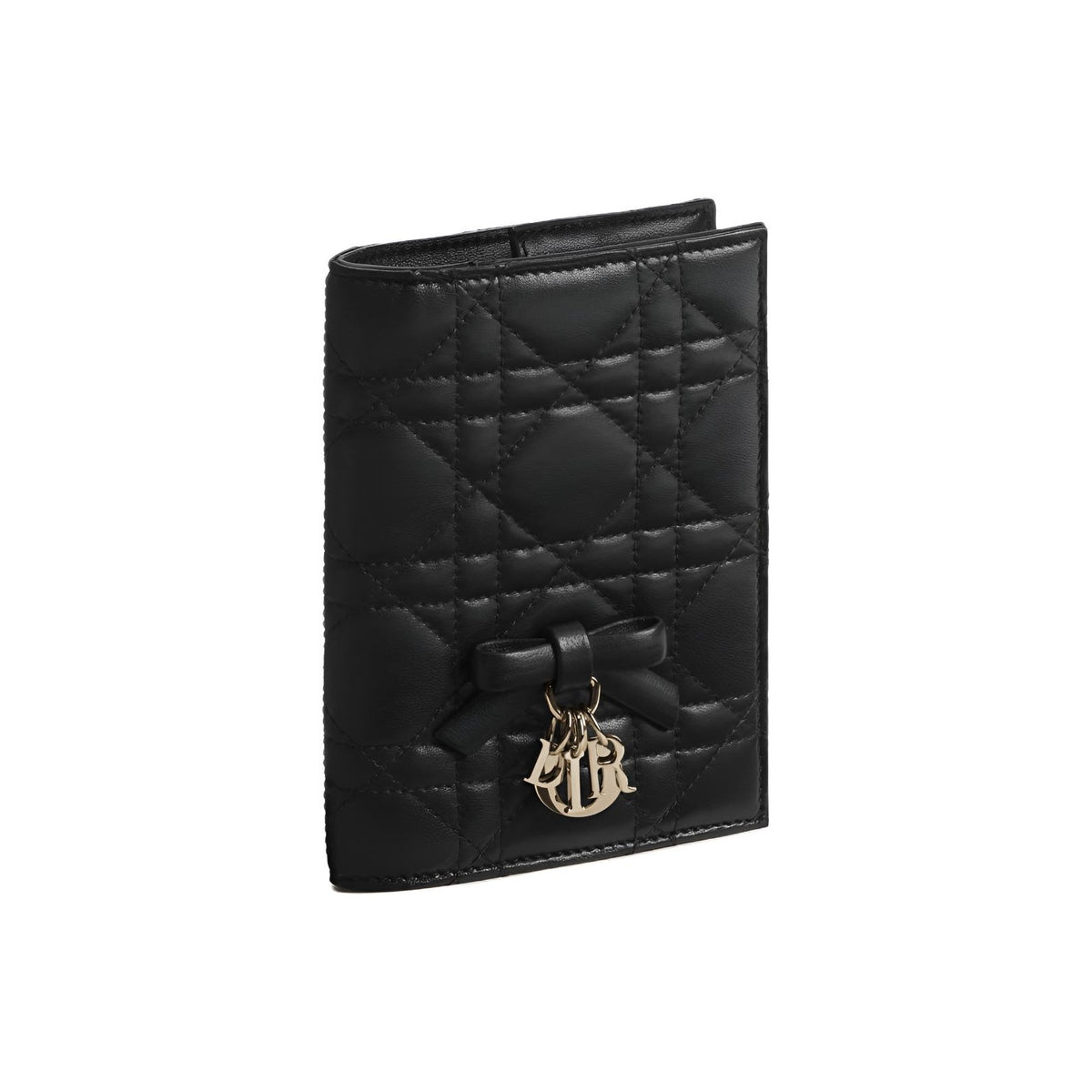 DIOR S2626 Lady Dior Lambskin Passport Holder, Black, Leather Bow