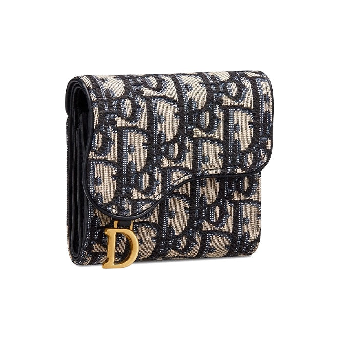 DIOR Saddle Lotus Embroidered Canvas Medium Trifold Wallet in Denim Blue - S5652