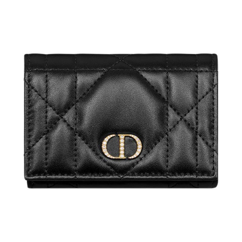 DIOR Caro Sheepskin Wallet with Metal CD Logo - Black - S4206