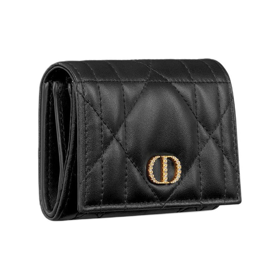 DIOR Caro Sheepskin Wallet with Metal CD Logo - Black - S4206