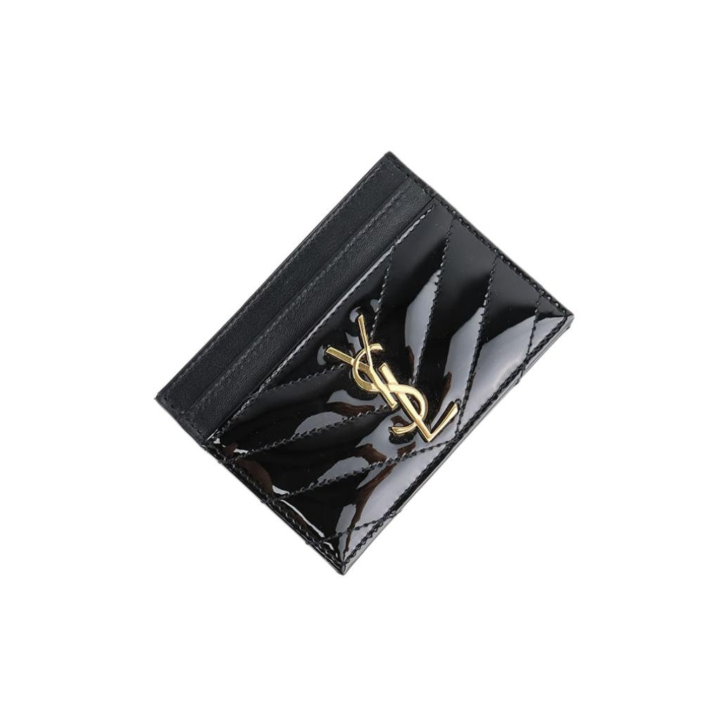 SAINT LAURENT Cassandre Quilted Patent Calfskin Card Holder - Black - 423291