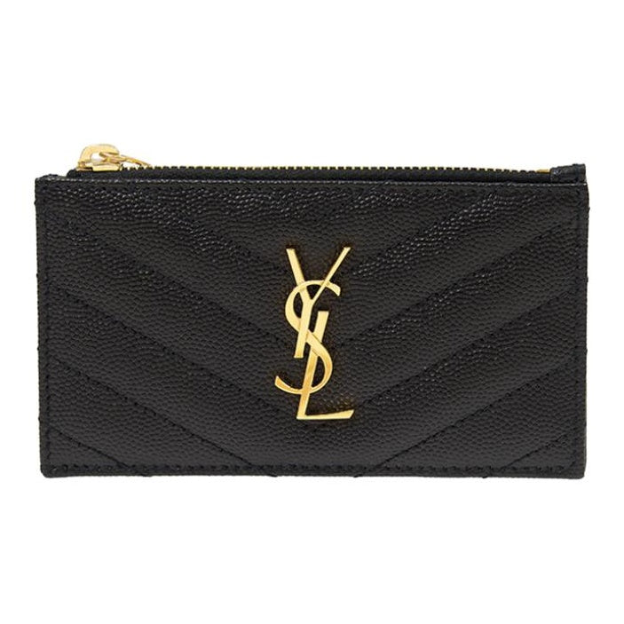 SAINT LAURENT Cassandre Quilted Grain-Embossed Leather Zip Card Holder - Black - 607915