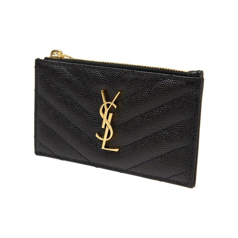 SAINT LAURENT Cassandre Quilted Grain-Embossed Leather Zip Card Holder - Black - 607915