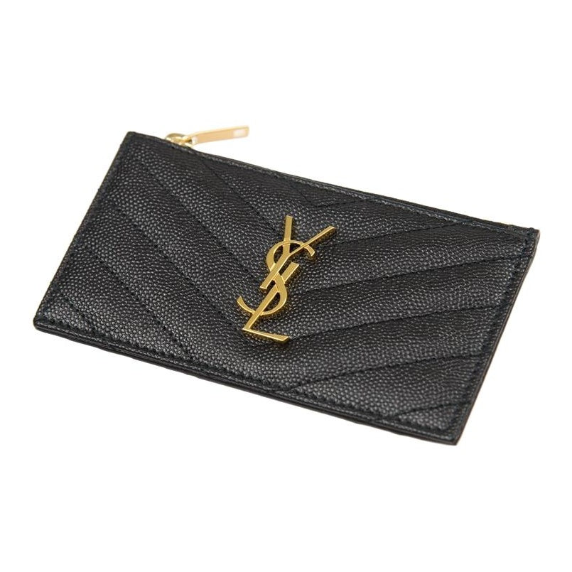 SAINT LAURENT Cassandre Quilted Grain-Embossed Leather Zip Card Holder - Black - 607915