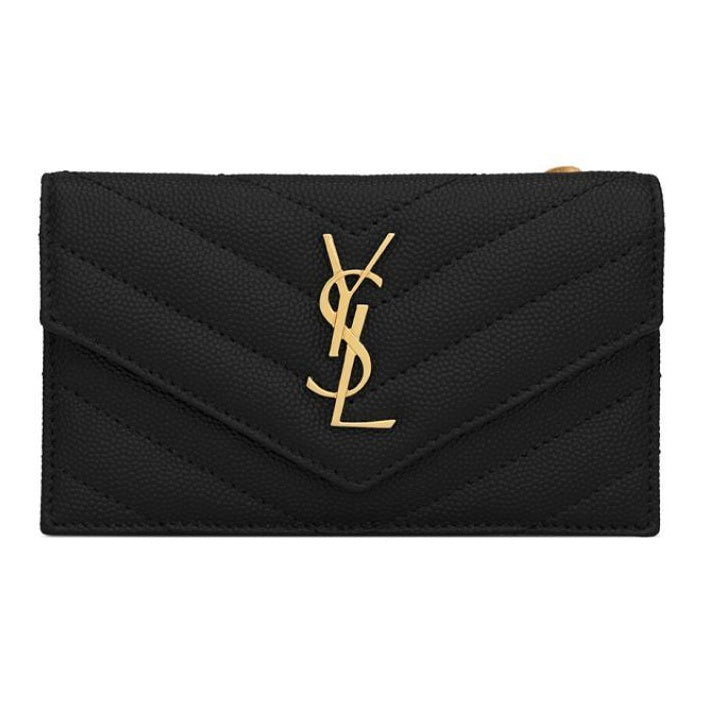 SAINT LAURENT Cassandre Quilted Grain-Embossed Cowhide Zip Coin Purse - Black - 6128085