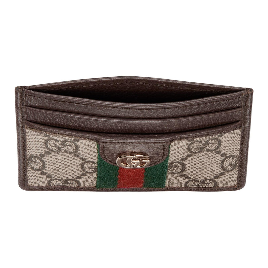 GUCCI Ophidia Double G Leather and Canvas Card Holder in Beige and Brown - 838486