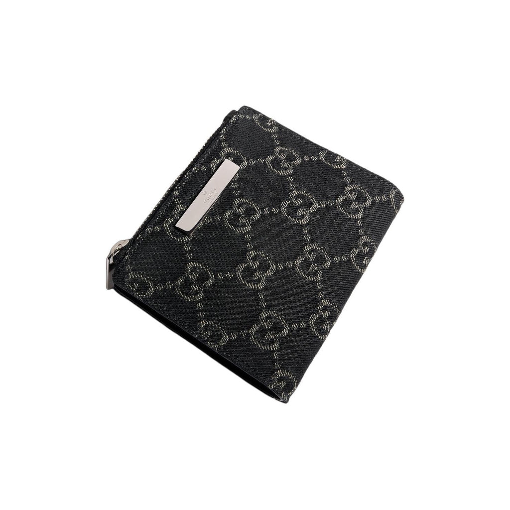 GUCCI Plaque Small Denim Wallet in Black with Palladium-Tone Hardware - 875798