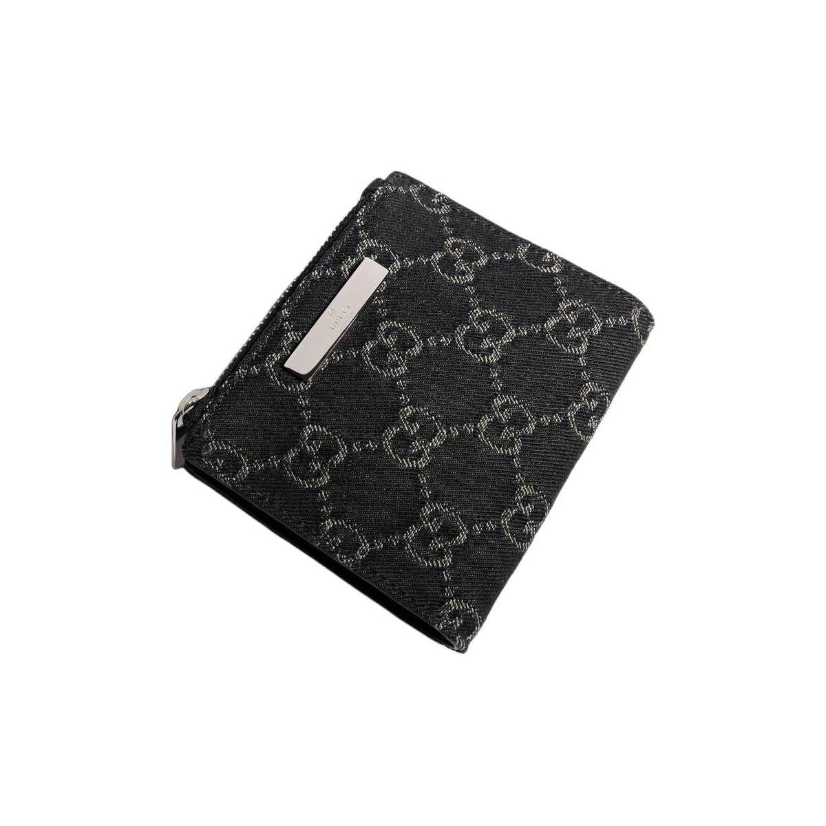 GUCCI Plaque Small Denim Wallet in Black with Palladium-Tone Hardware - 875798