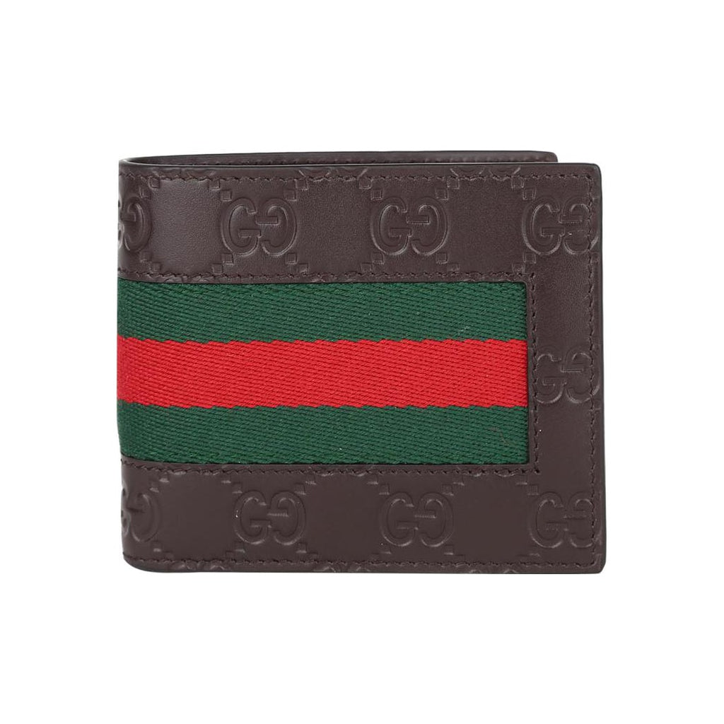 GUCCI Signature Striped Webbing Leather Compact Bifold Wallet in Dark Brown - 408827