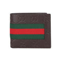 GUCCI Signature Striped Webbing Leather Compact Bifold Wallet in Dark Brown - 408827