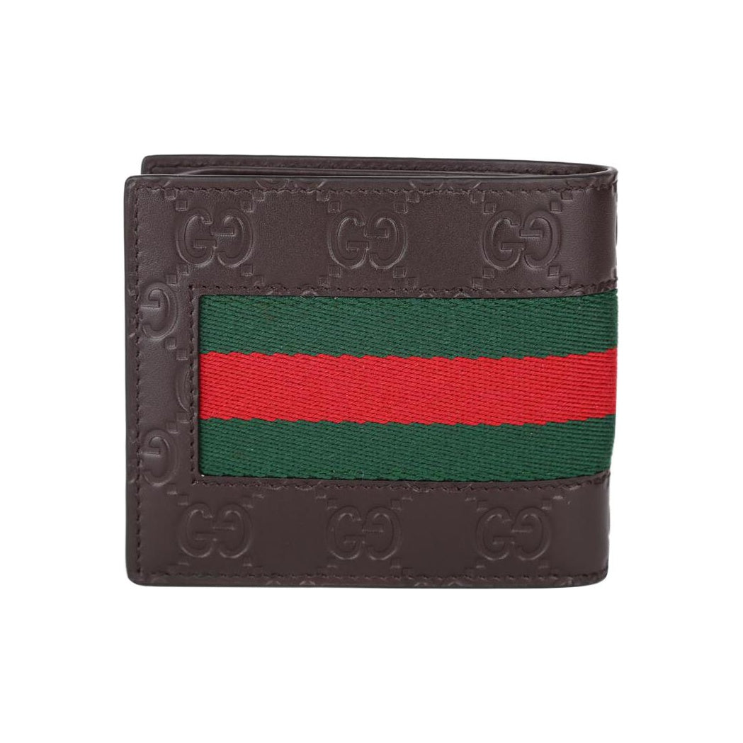 GUCCI Signature Striped Webbing Leather Compact Bifold Wallet in Dark Brown - 408827