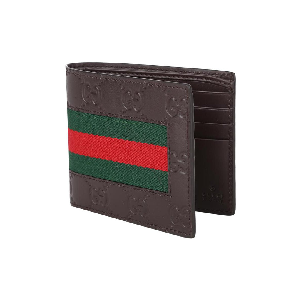 GUCCI Signature Striped Webbing Leather Compact Bifold Wallet in Dark Brown - 408827