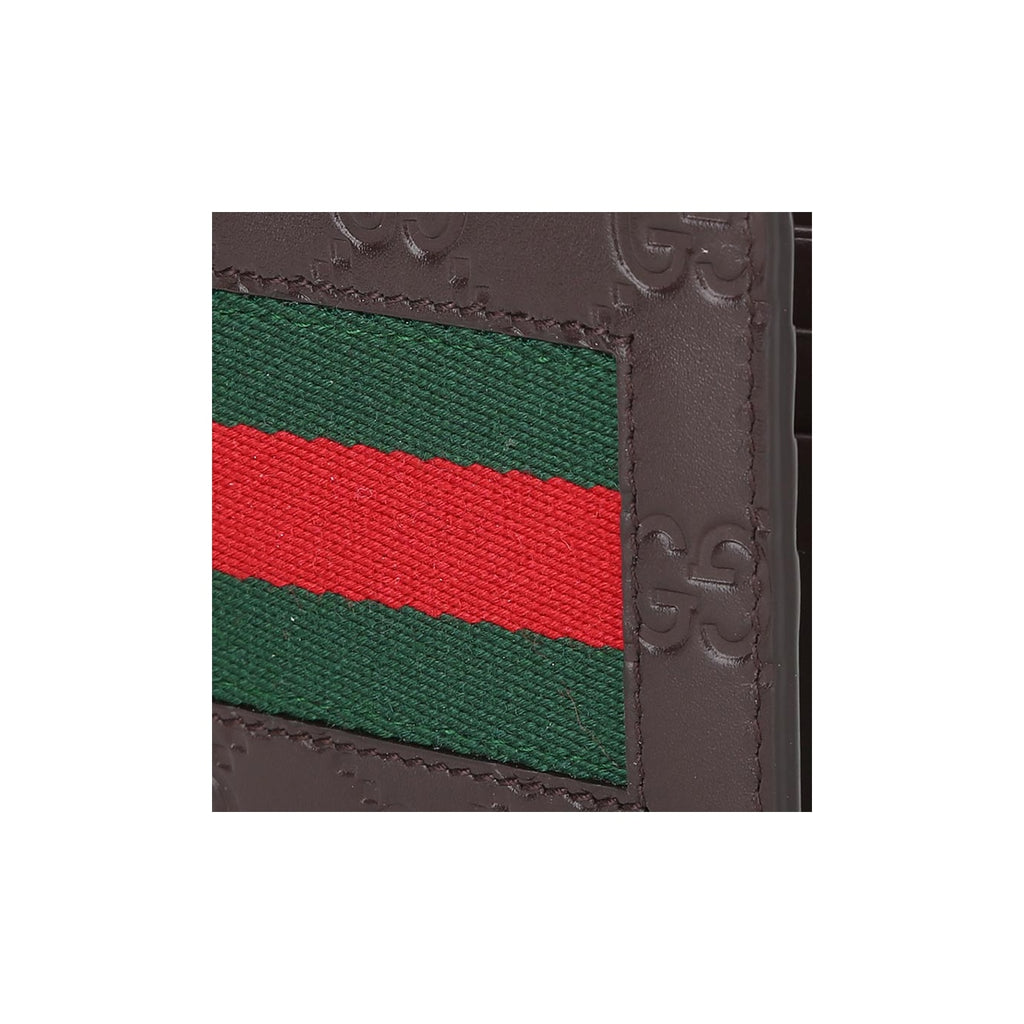GUCCI Signature Striped Webbing Leather Compact Bifold Wallet in Dark Brown - 408827