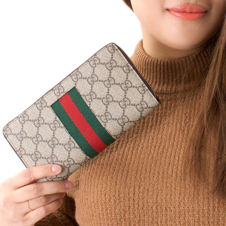 GUCCI Monogram Canvas and Leather Long Zip Wallet in Light Brown