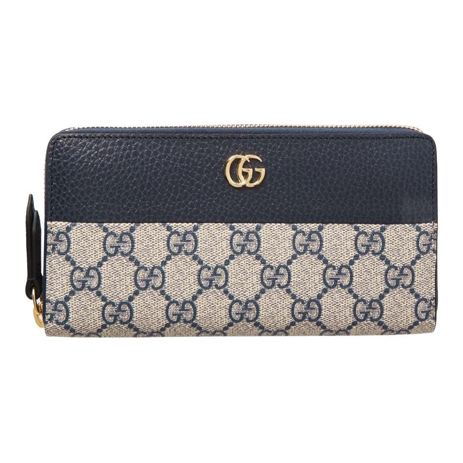 GUCCI GG Marmont Double G Canvas and Leather Long Zip Wallet in Beige and Blue - 456117