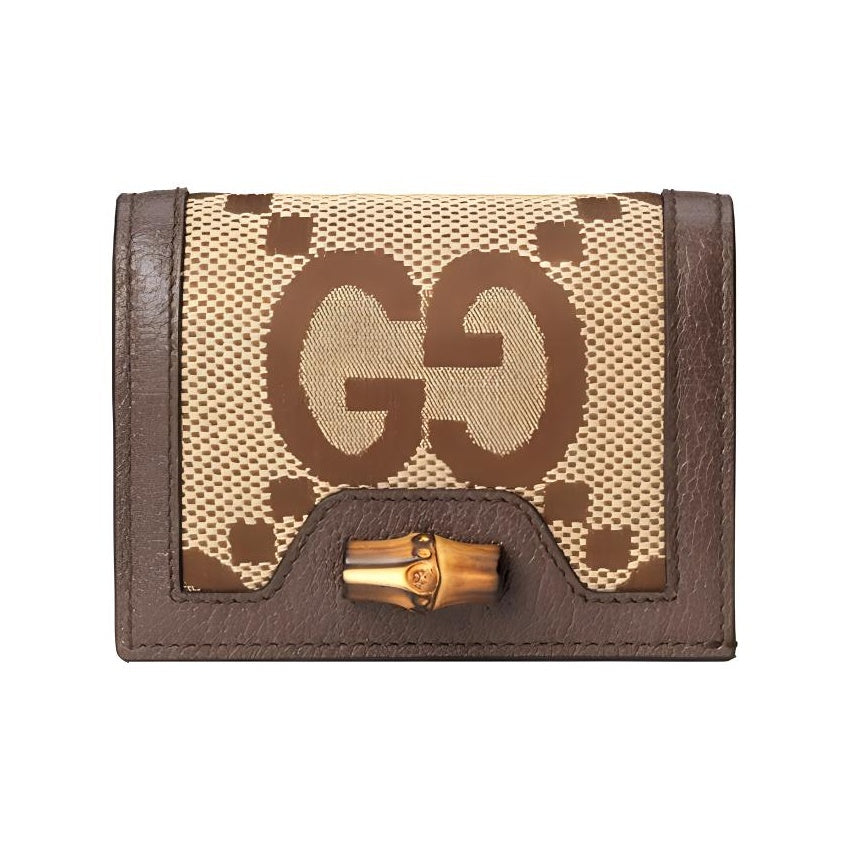 GUCCI Diana Jumbo GG Canvas and Leather Bifold Flap Wallet in Ebony, Camel and Brown - 658244