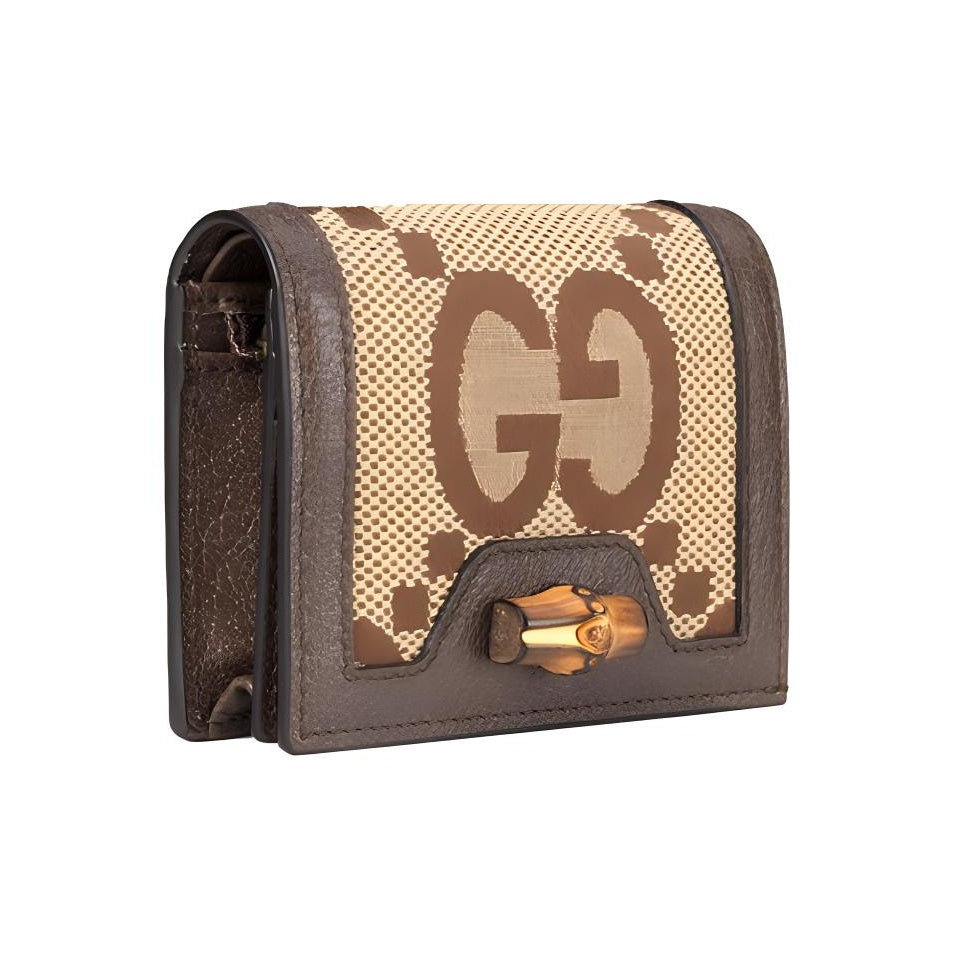 GUCCI Diana Jumbo GG Canvas and Leather Bifold Flap Wallet in Ebony, Camel and Brown - 658244