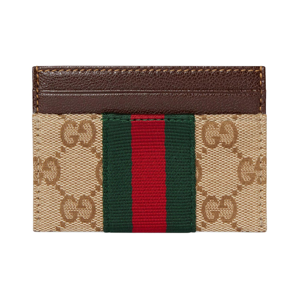 GUCCI Men's GG Logo Print Striped Canvas Card Holder in Khaki and Brown - 867384