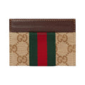 GUCCI Men's GG Logo Print Striped Canvas Card Holder in Khaki and Brown - 867384