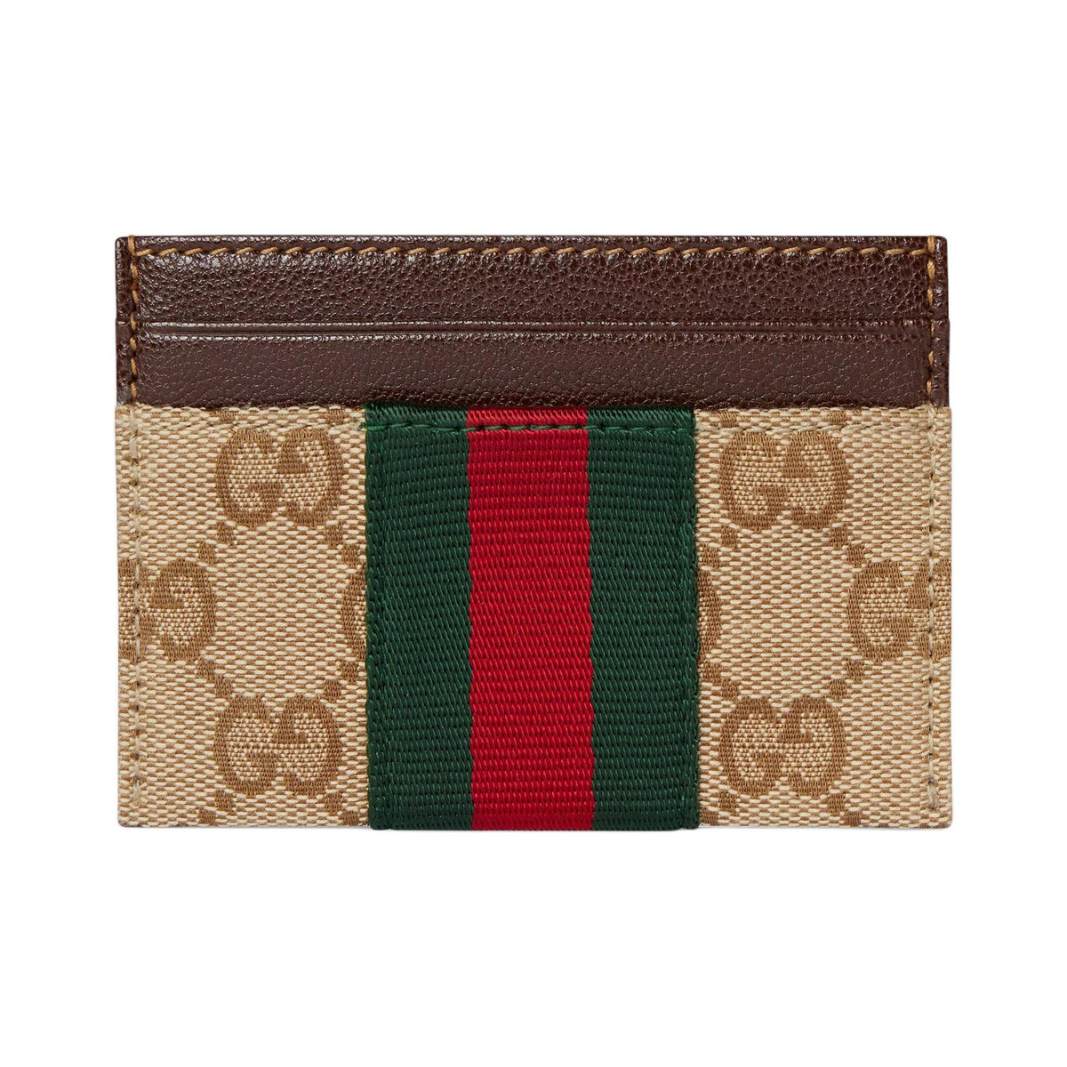 GUCCI Men's GG Logo Print Striped Canvas Card Holder in Khaki and Brown - 867384