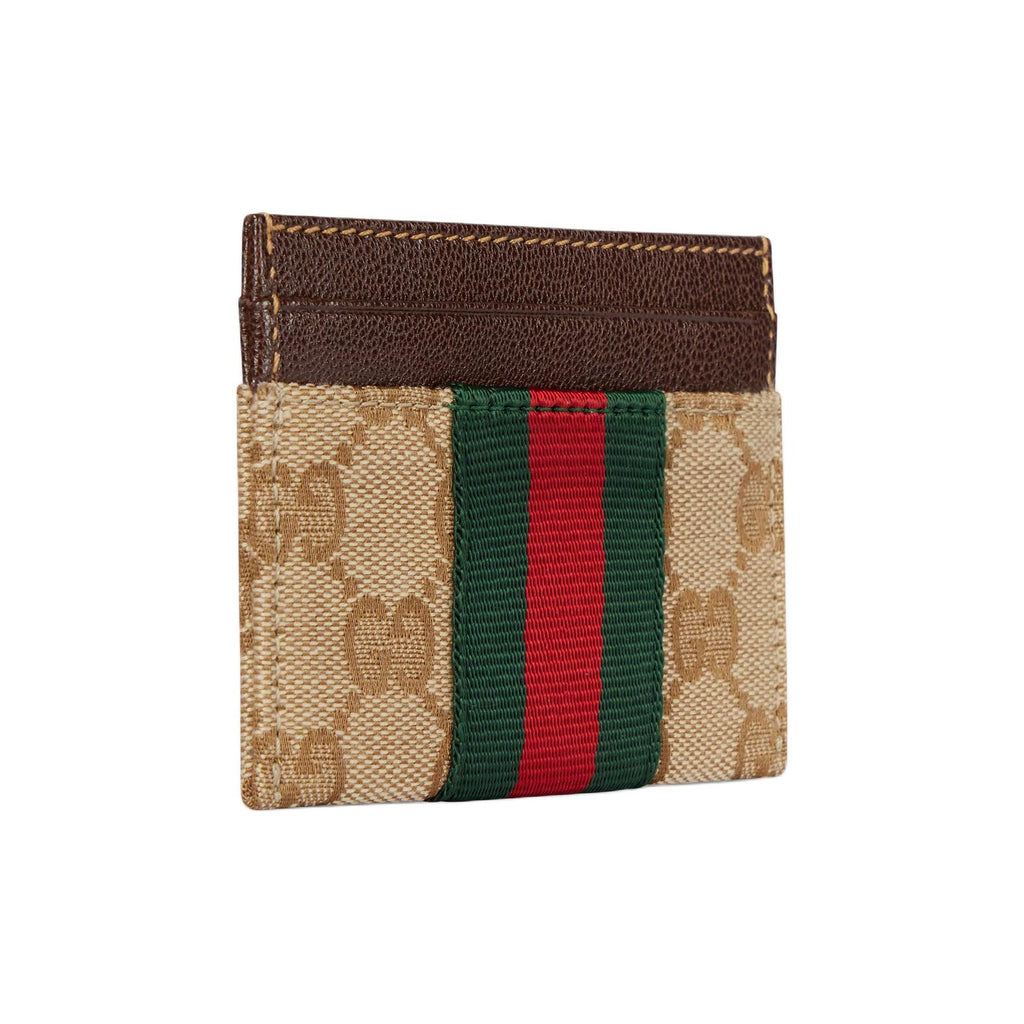 GUCCI Men's GG Logo Print Striped Canvas Card Holder in Khaki and Brown - 867384