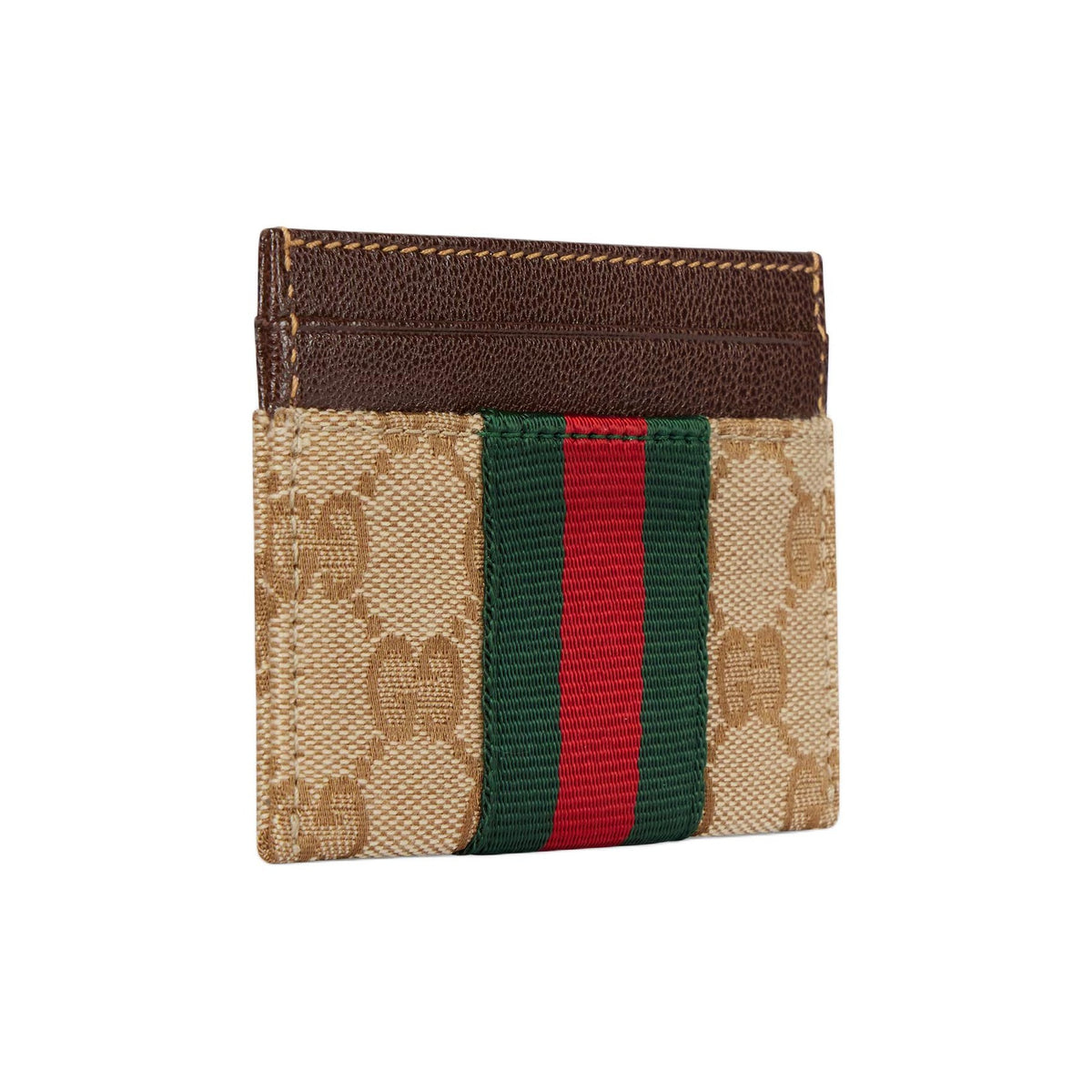 GUCCI Men's GG Logo Print Striped Canvas Card Holder in Khaki and Brown - 867384