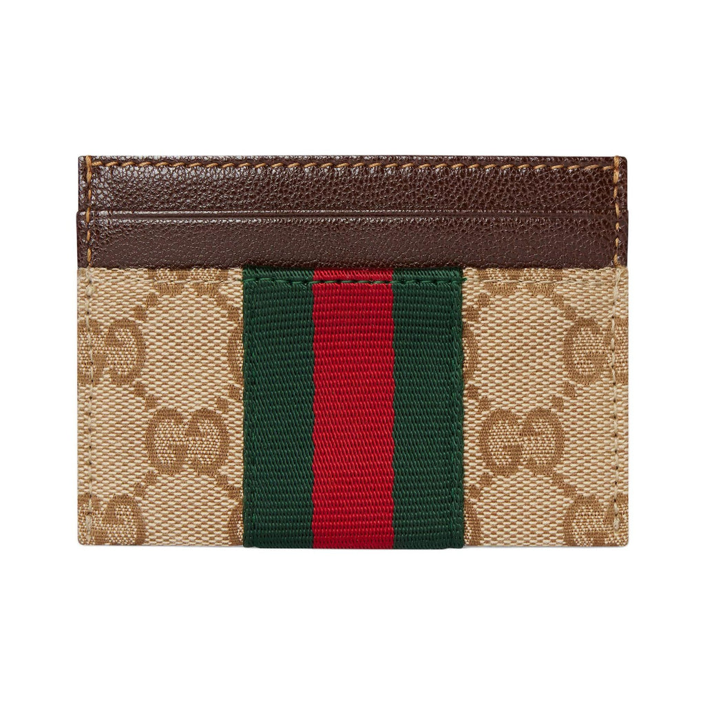 GUCCI Men's GG Logo Print Striped Canvas Card Holder in Khaki and Brown - 867384